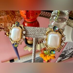 1960's High Society Baroque Faux Pearl and Watermelon Rivoli Crystal Earrings